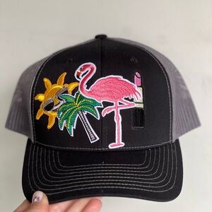 Summertime Sunshine black Trucker hat NEW  SnapBack flamingo lipstick palm tree